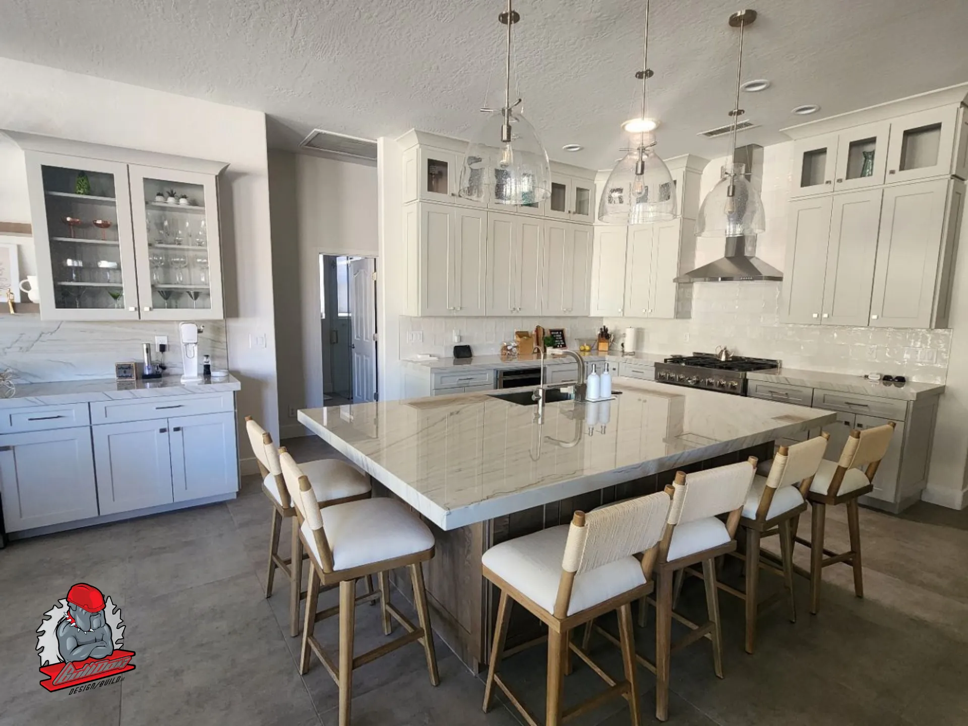 Large coastal-white kitchen remodel with oversized island